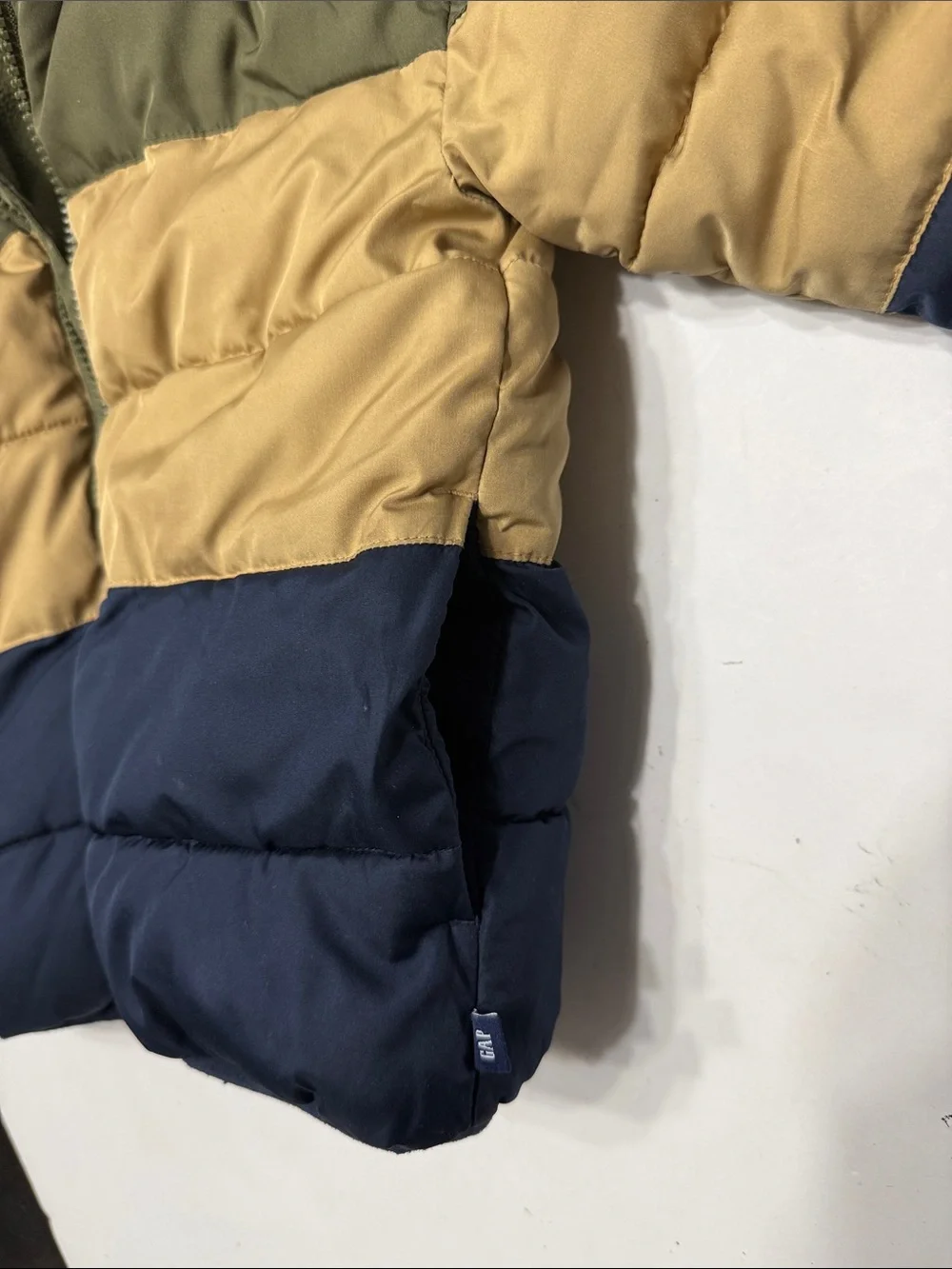 GAP Kids Hooded Colorblock Puffer Jacket - Olive, Tan, Navy